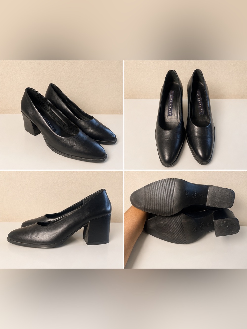 Hillard & Hanson Black Leather Mid Block Heel Pumps